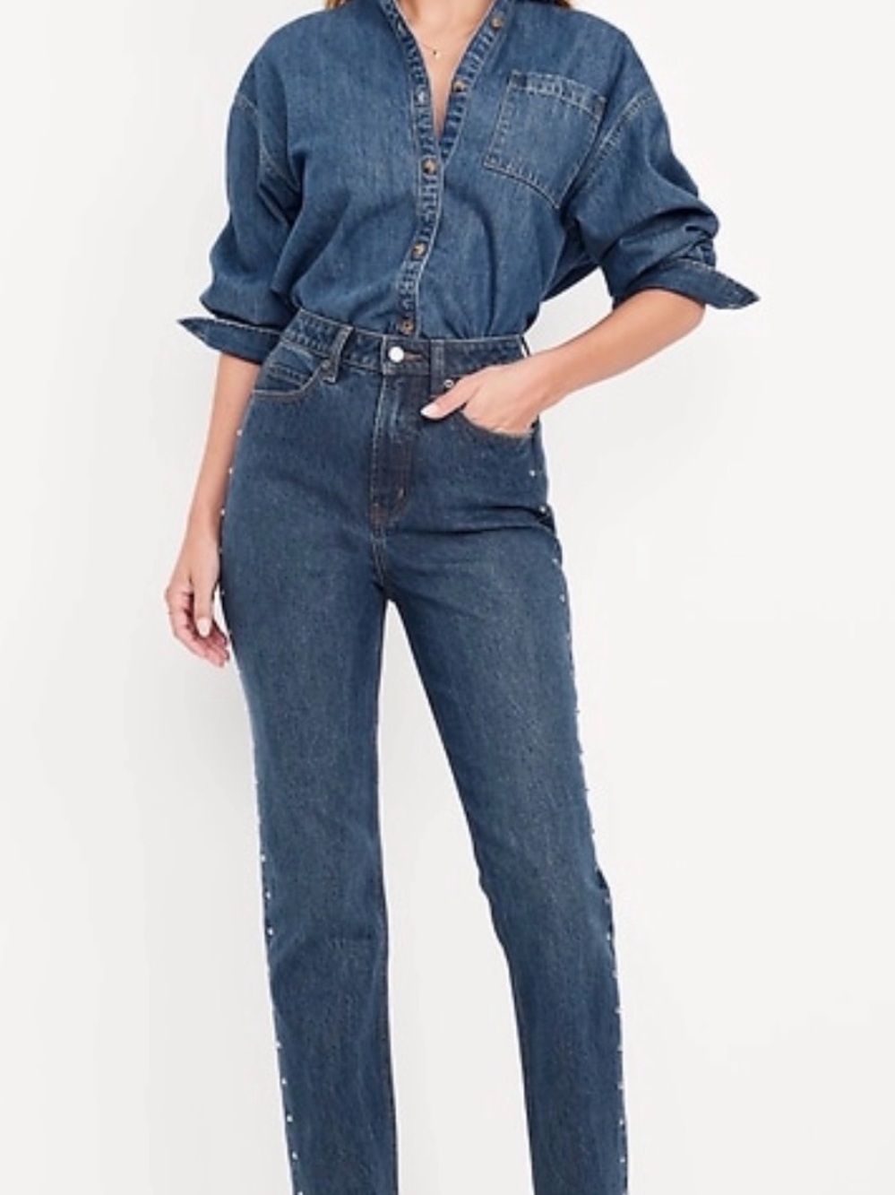 Old Navy Dark Blue High-Rise Straight Jeans studs on side - Women